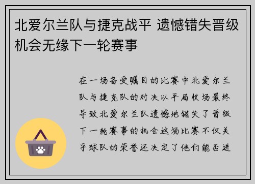 北爱尔兰队与捷克战平 遗憾错失晋级机会无缘下一轮赛事