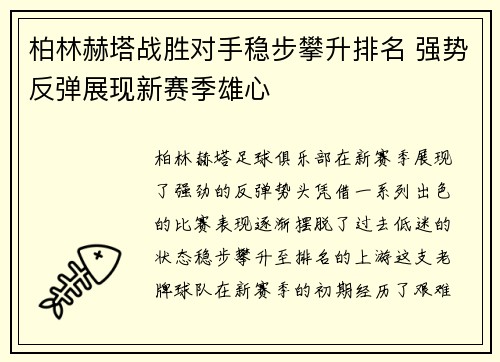 柏林赫塔战胜对手稳步攀升排名 强势反弹展现新赛季雄心